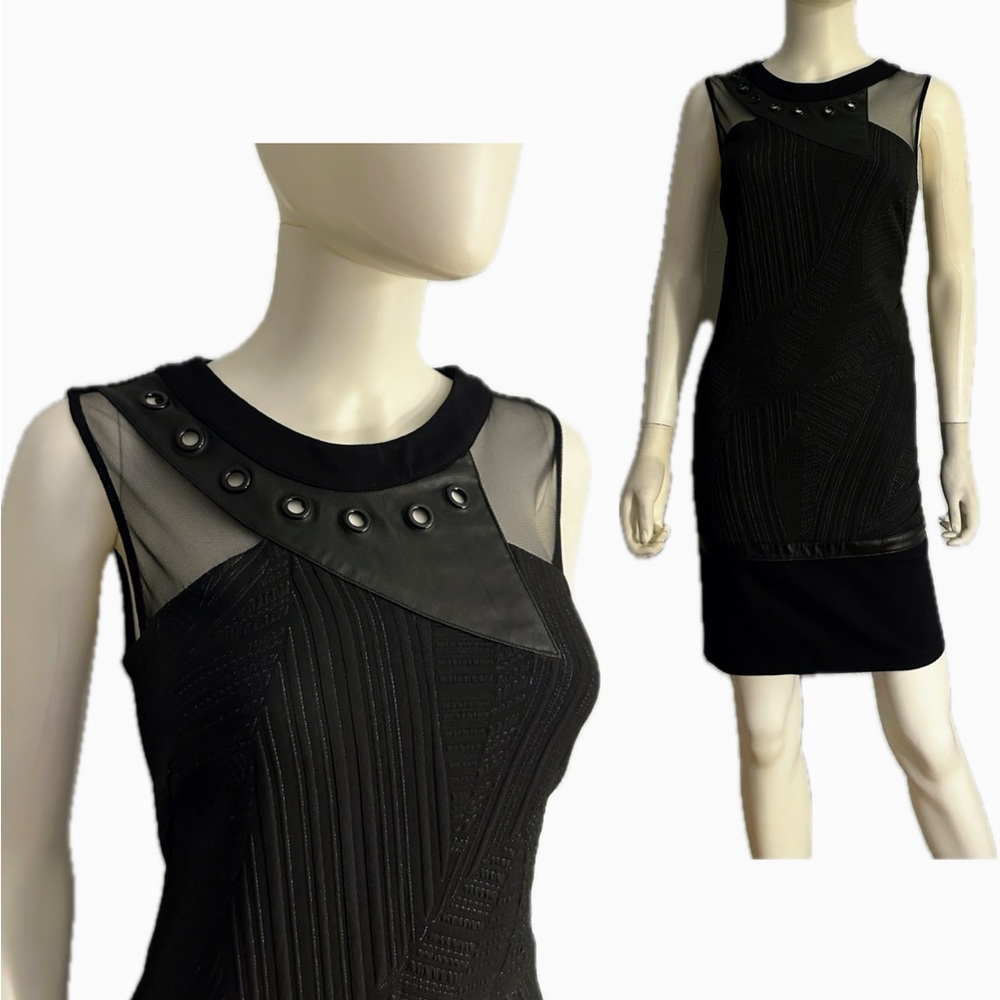 NWT‎ Mini Black Cocktail Dress Sleeveless Bodycon Mesh Studded Leather Accent